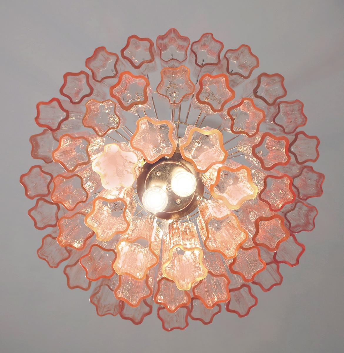 Metal Tronchi Chandelier Style Toni Zuccheri, 48 Pink Glasses, Murano, 1990