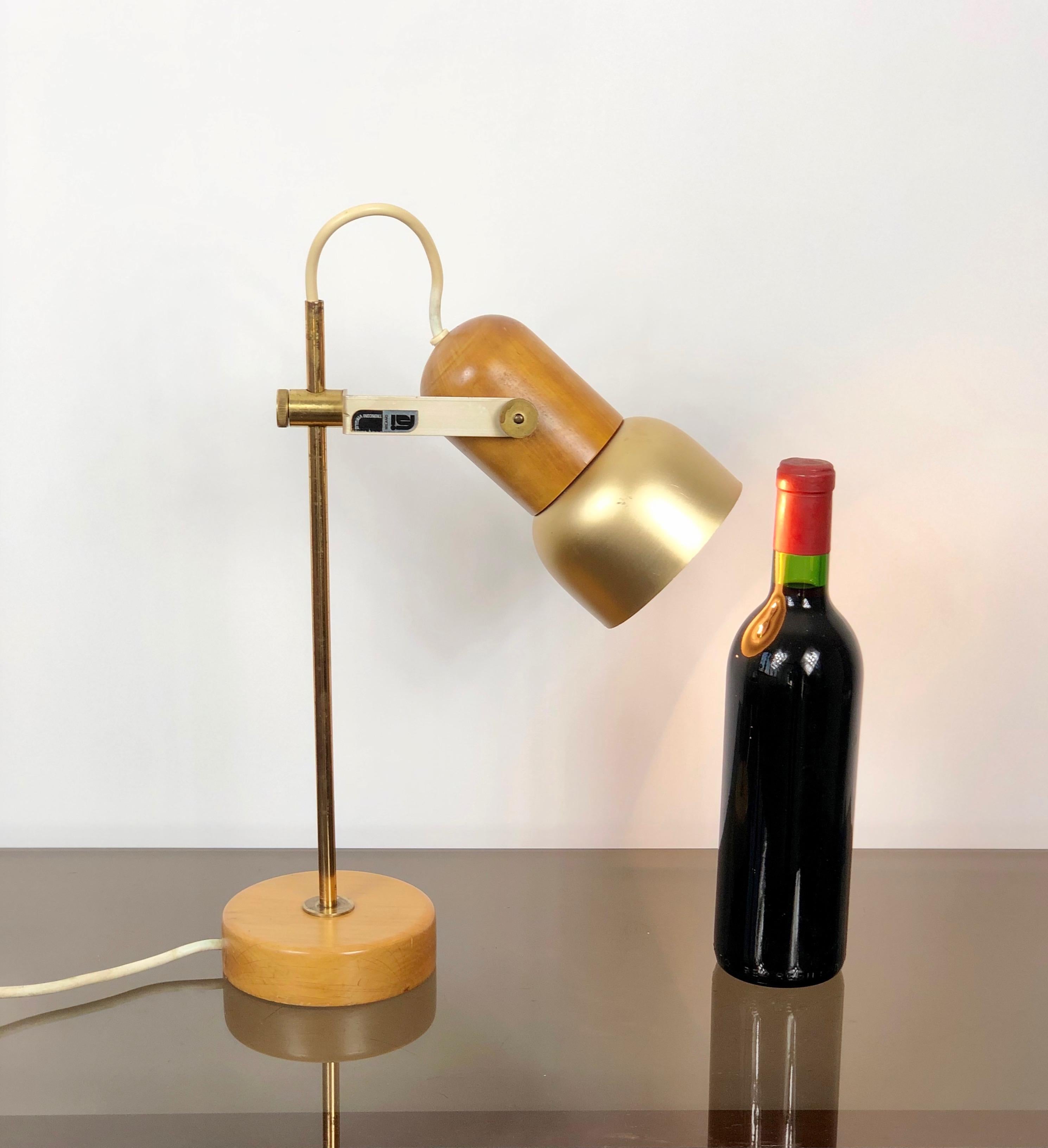 Italian Tronconi Adjustable Table Lamp in Wood, Brass and Metal, Italy FSI Milano, 1970s