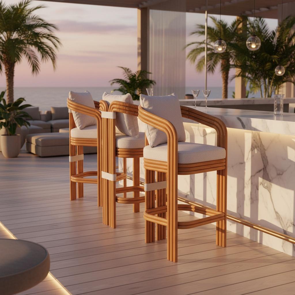 La sedia da bar Tropea, creata in collaborazione con Mediterrazza, unisce il fascino senza tempo alla raffinatezza mediterranea per elevare la vita all'aperto. Realizzato in elegante legno di iroko e impreziosito da un sottile dettaglio in corda