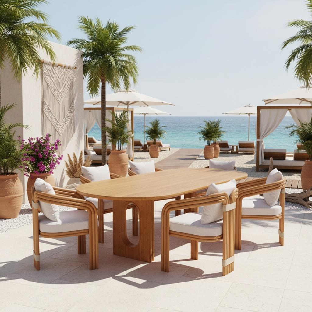 La Silla de Comedor Tropea, creada en colaboración con Mediterrazza, combina el encanto intemporal con la sofisticación mediterránea para elevar la vida al aire libre. Fabricada en elegante madera de iroko y acentuada con un sutil detalle de cordón