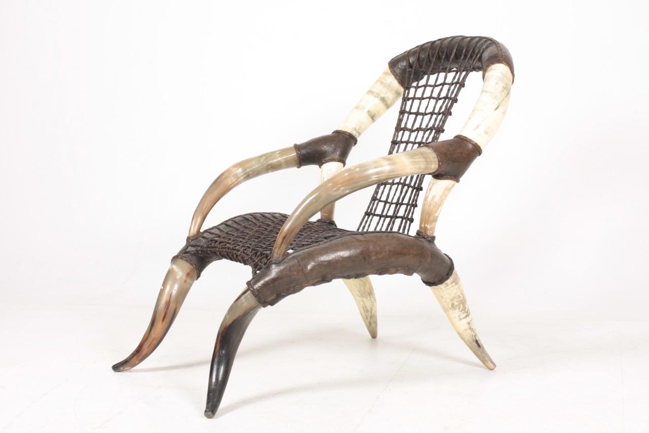 Trophy Bull Horn Chair and Stool with Patinated Leather, 1960s 1
