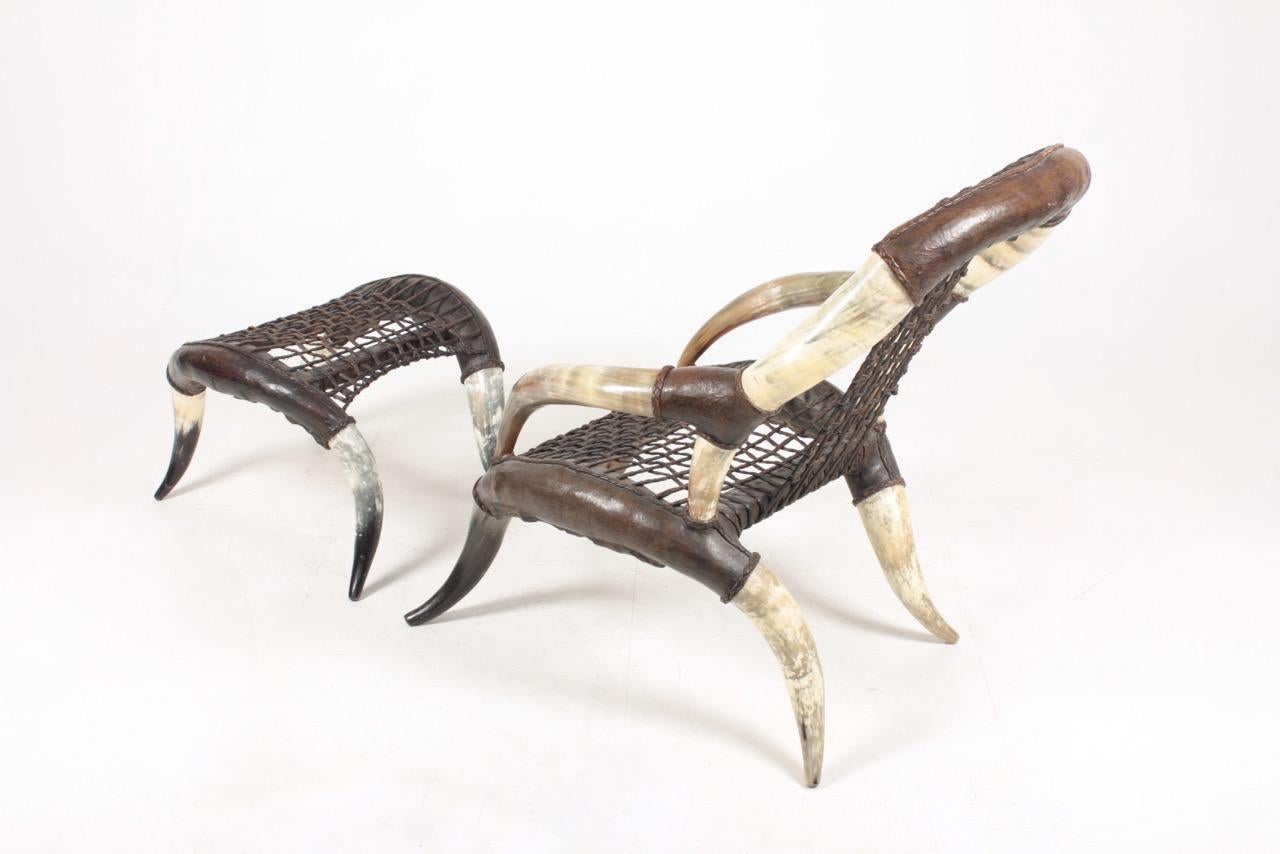 Scandinavian Modern Trophy Bull Horn Chair and Stool with Patinated Leather, 1960s