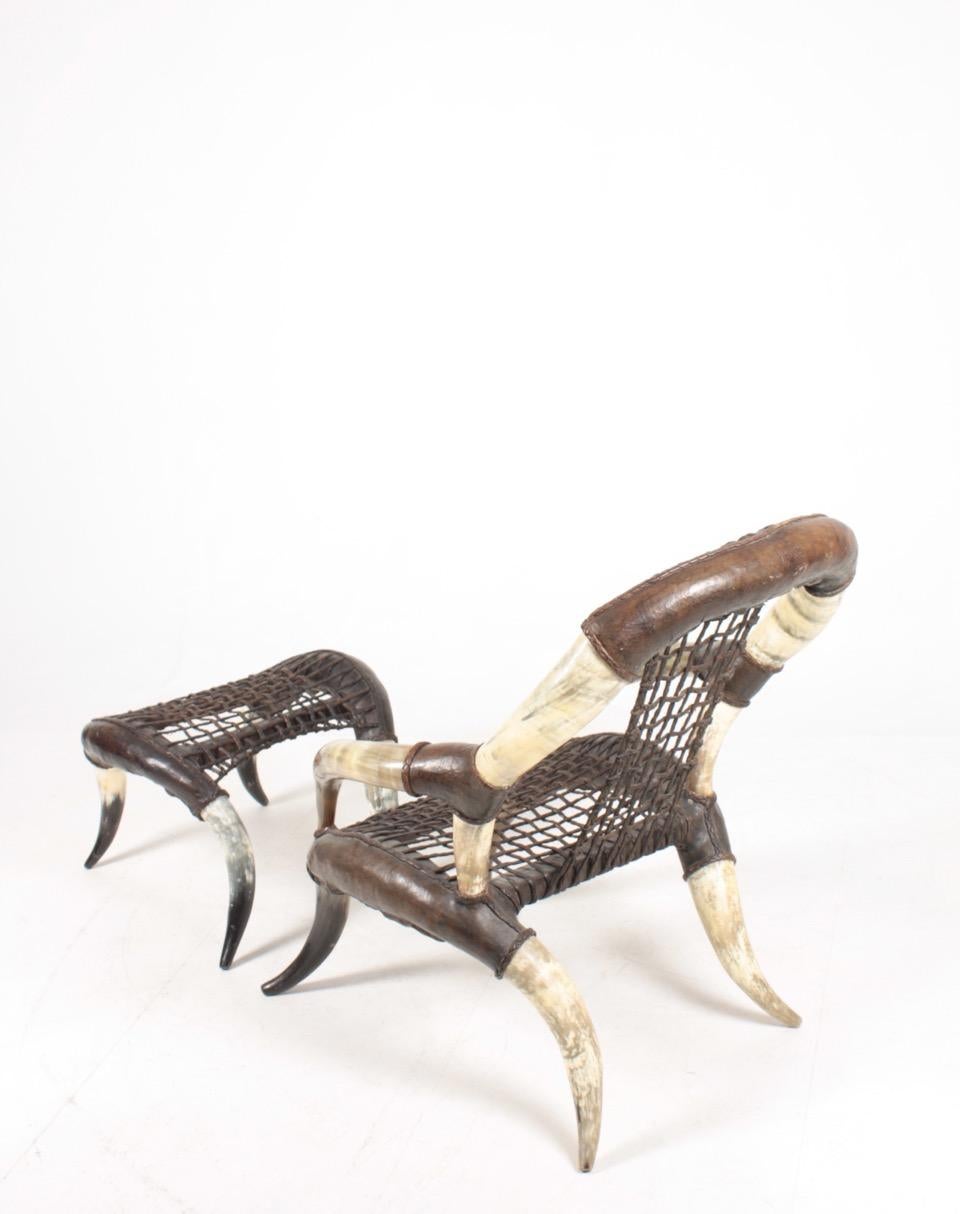 Swedish Trophy Bull Horn Chair and Stool with Patinated Leather, 1960s