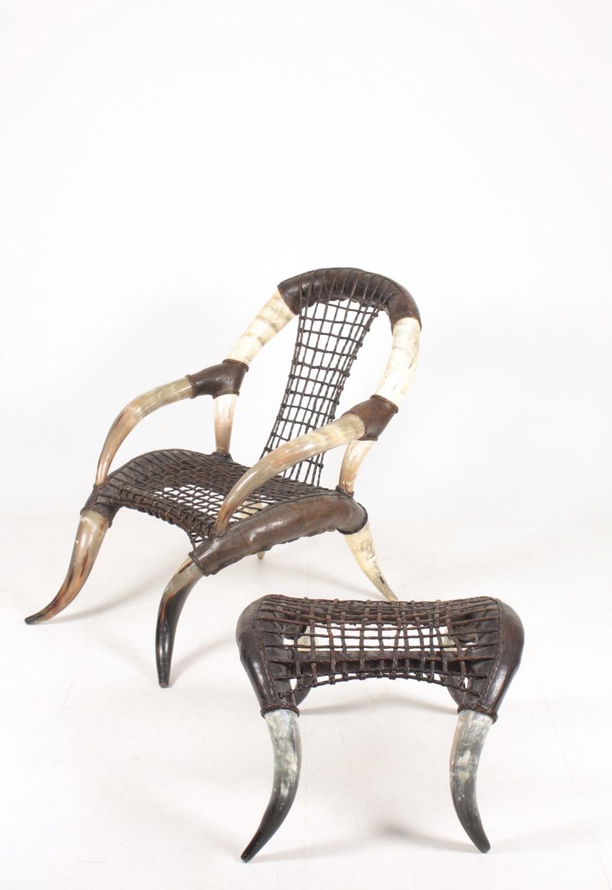 Mid-20th Century Trophy Bull Horn Chair and Stool with Patinated Leather, 1960s