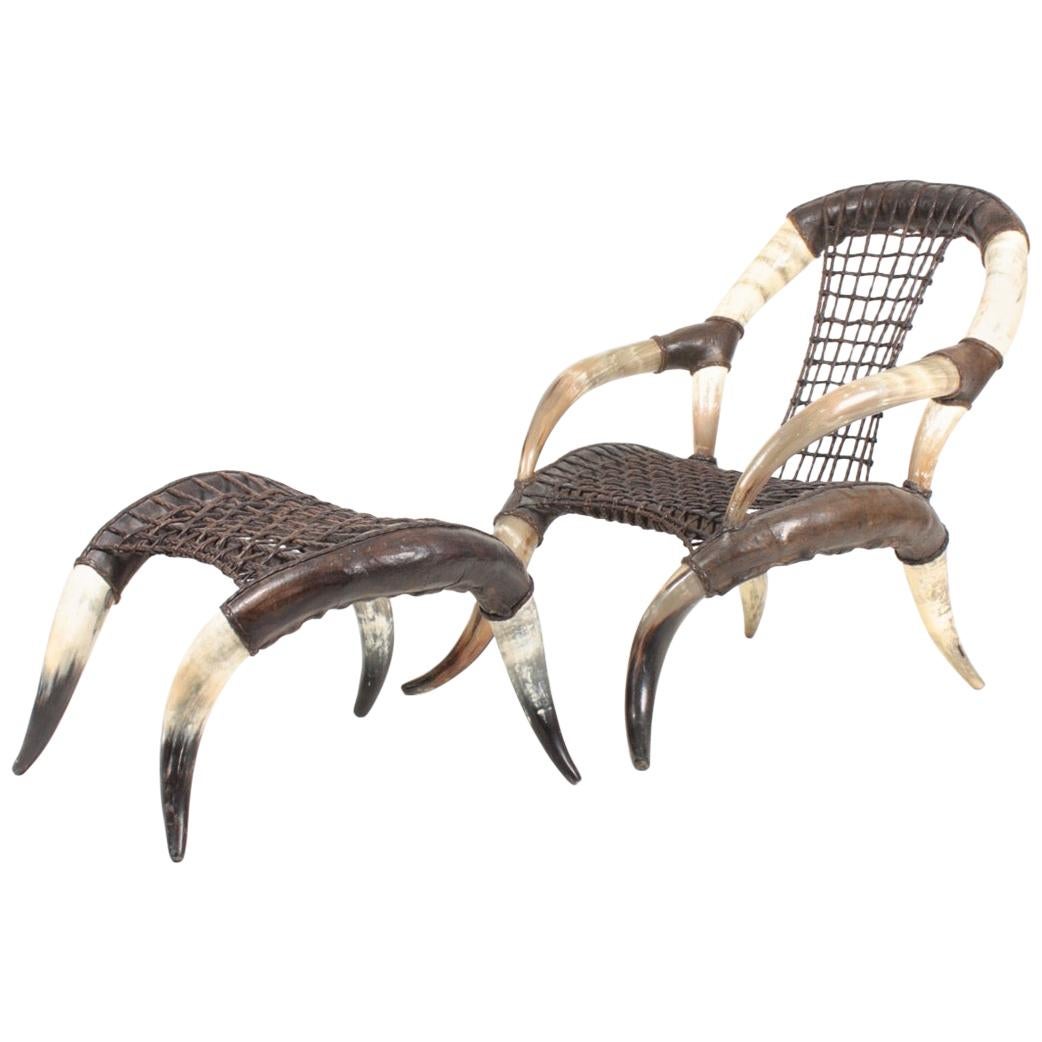 Trophy Bull Horn Chair and Stool with Patinated Leather, 1960s