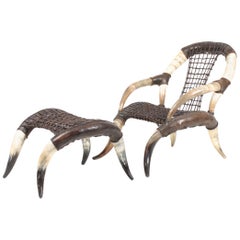Trophy Bull Horn Chair and Stool with Patinated Leather, 1960s