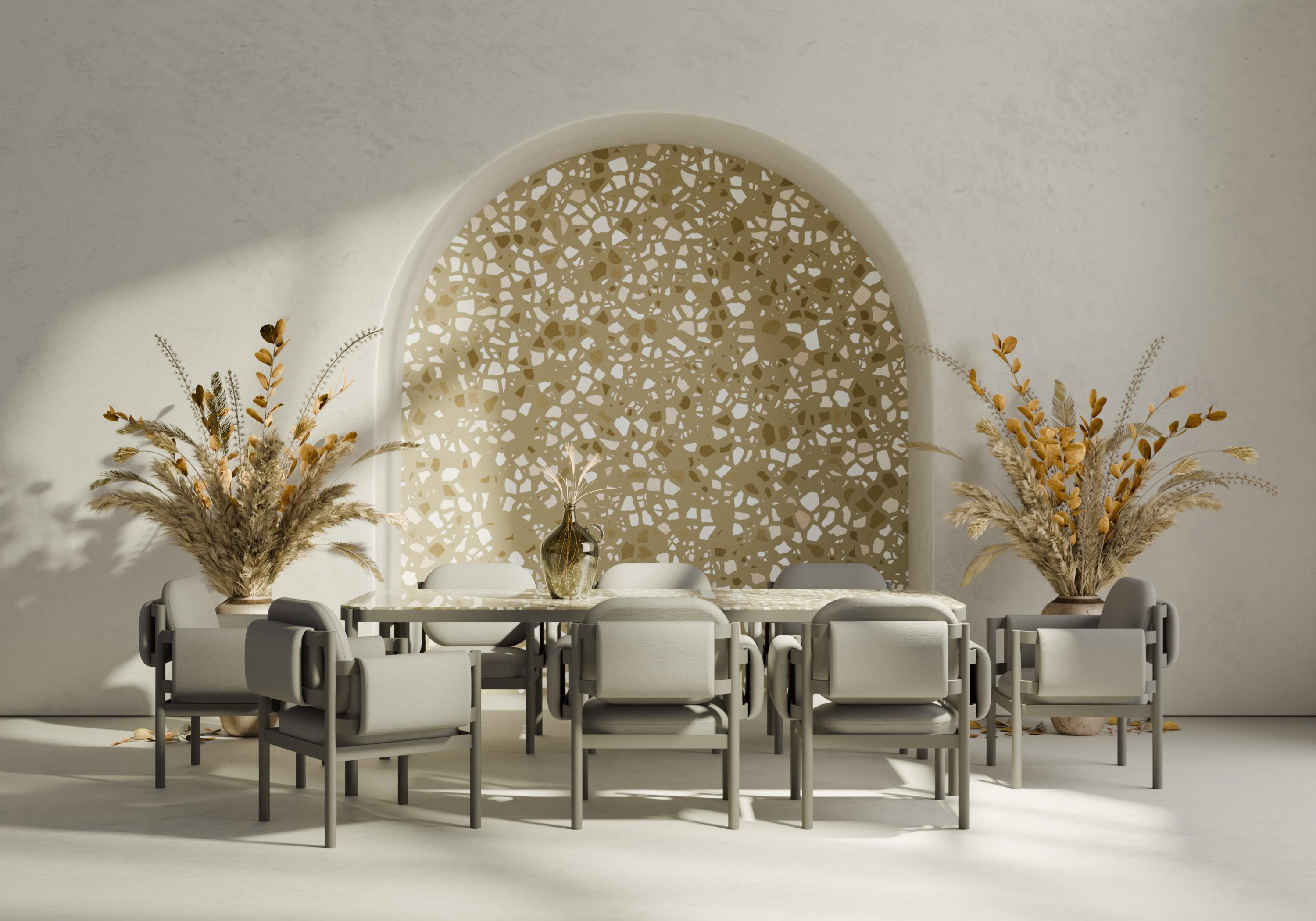 Poudré Tropic Table de salle à manger en aluminium 100x100 cm avec plateau en terrazzo by Joyf en vente