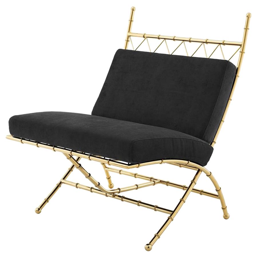 Tropic Folding Chair with Black Velvet Fabric in Brass or Nickel Finish For Sale
