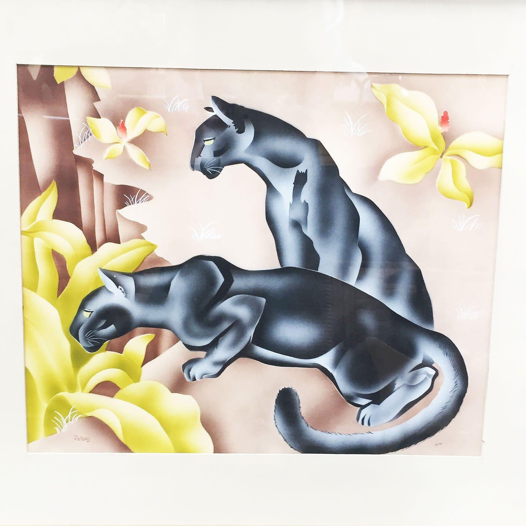 Mid-century era tropical airbrush artwork watercolor panther painting on paper. Signed Peters.

Measures: Frame 35