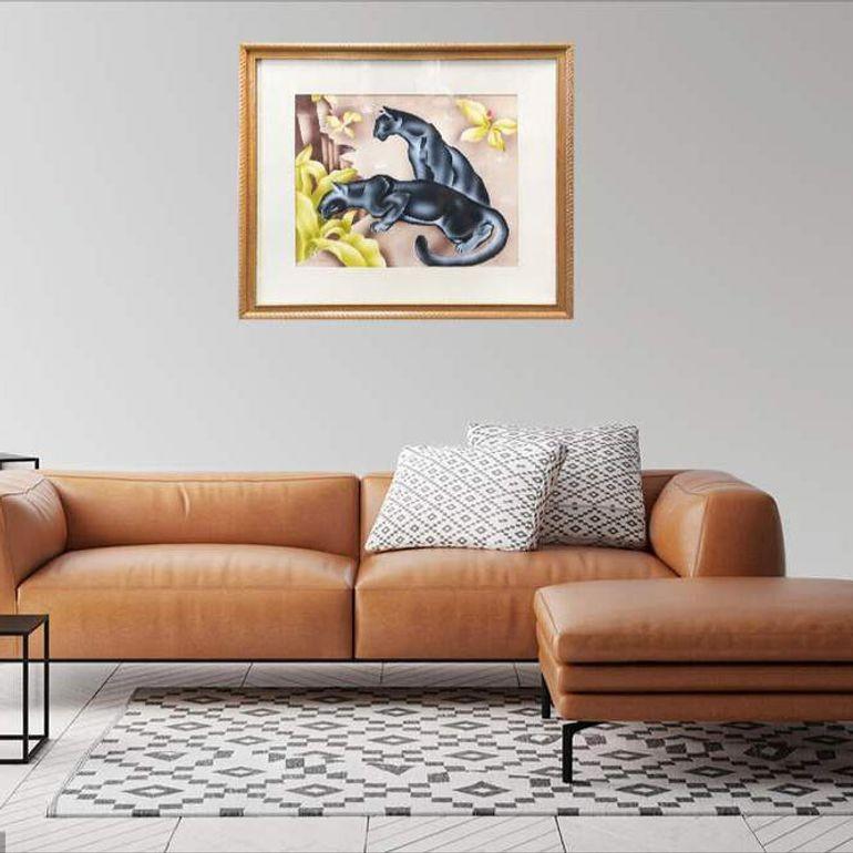Tropisches Airbrush-Aquarell-Panther-Gemälde, signiert Peters (amerikanisch) im Angebot