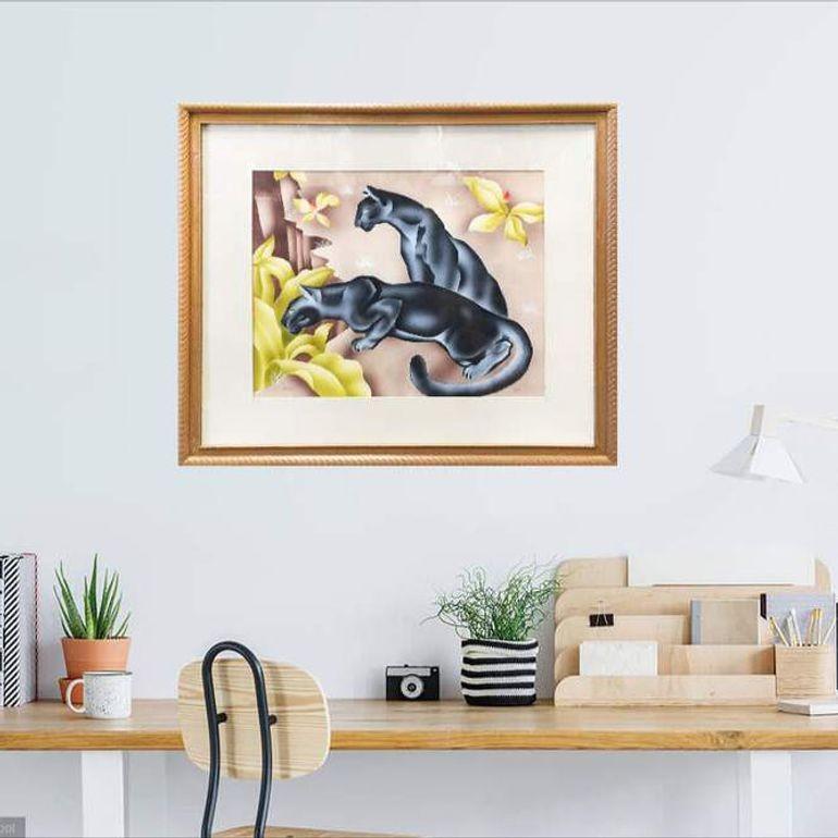 Mid-Century Modern Tropical Airbrush Watercolor Panther Painting Signed Peters For Sale