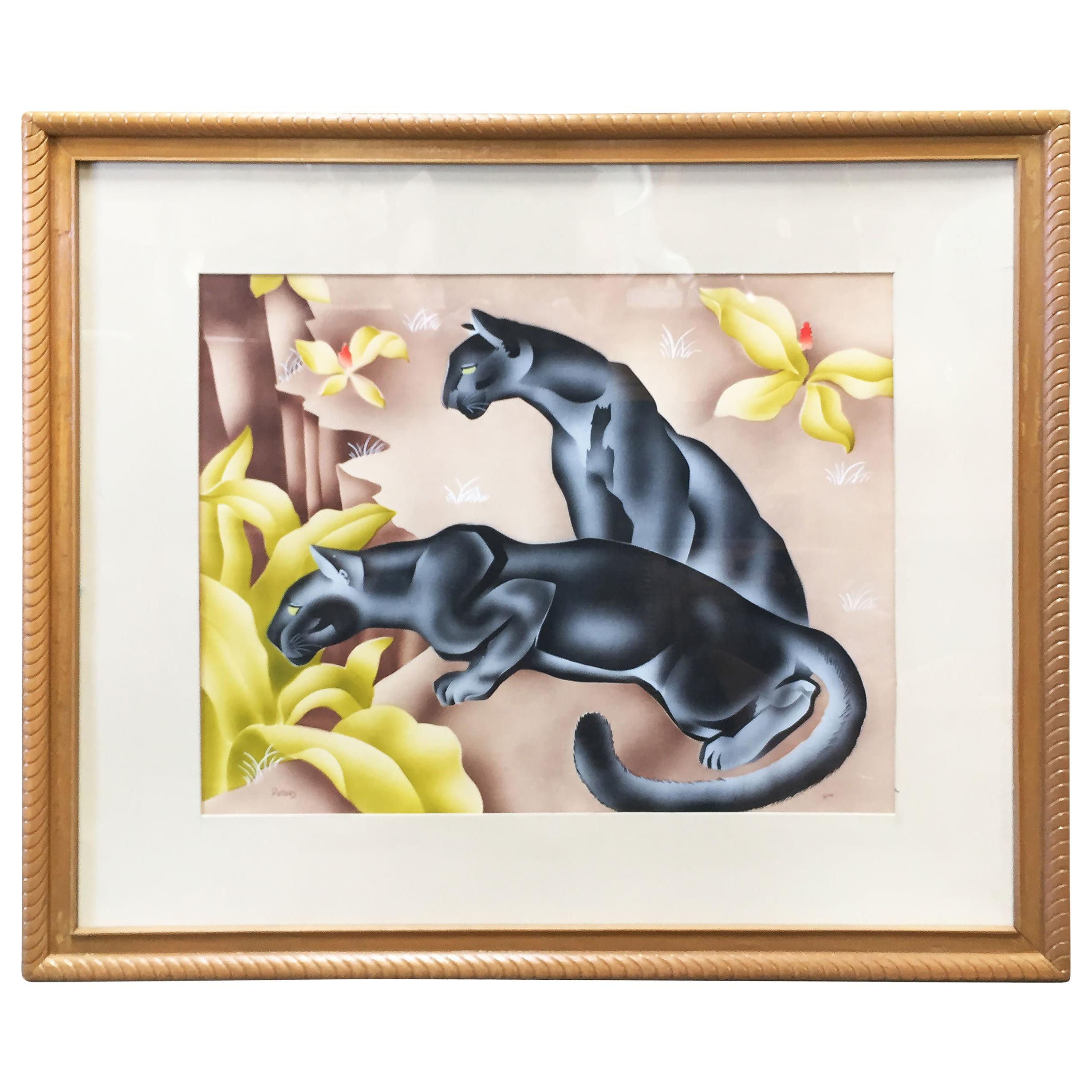 Tropical Airbrush Watercolor Panther Painting Signed Peters For Sale
