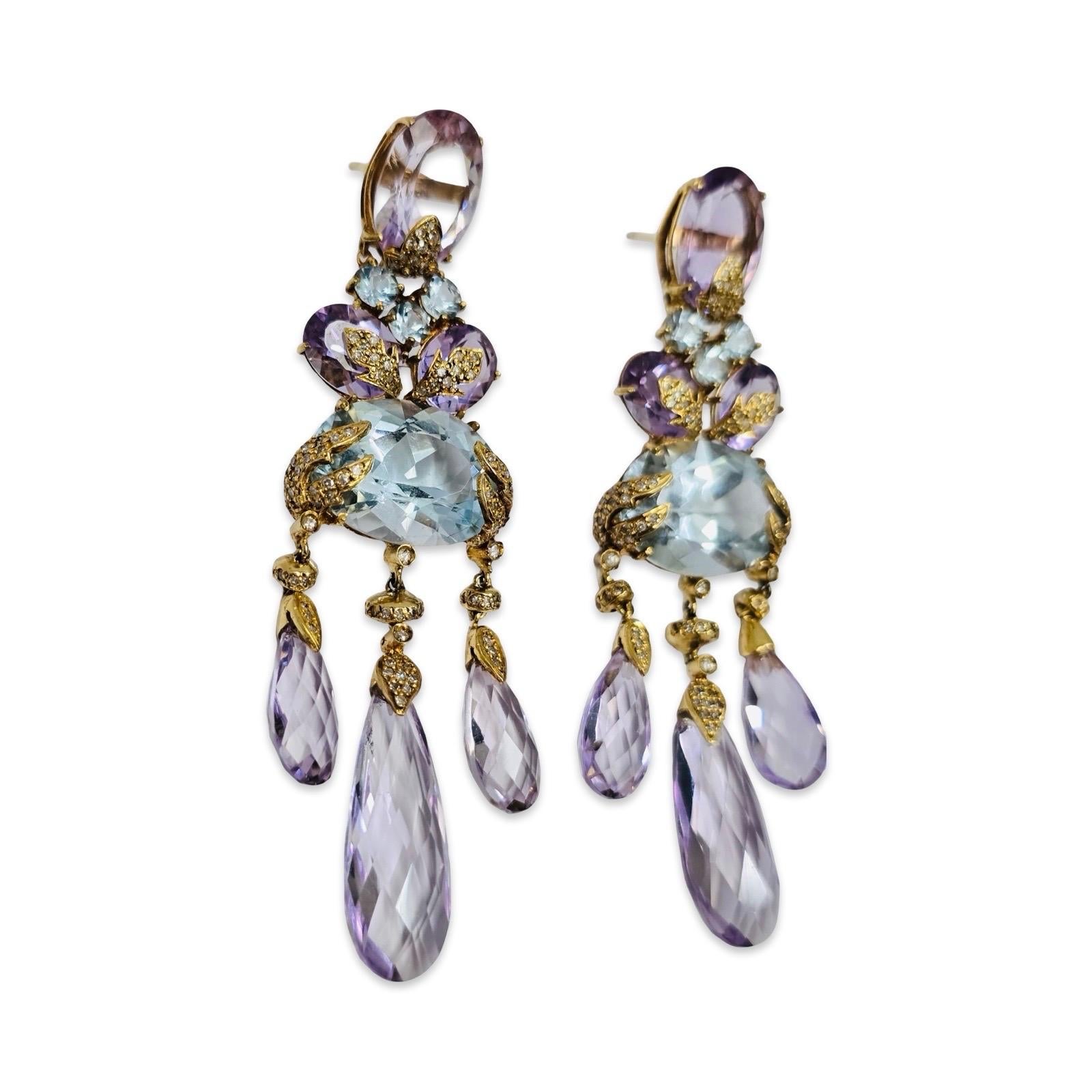 Boucles d'oreilles chandelier en améthyste, aigue-marine et diamant 62ct Tropical Atelier 18K en vente 5