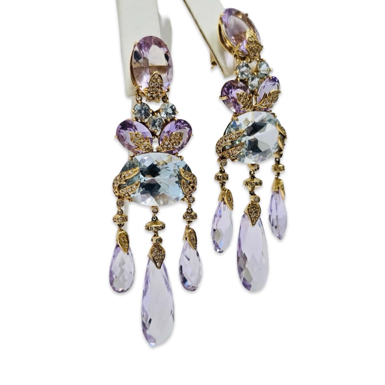 Boucles d'oreilles chandelier en améthyste, aigue-marine et diamant 62ct Tropical Atelier 18K Excellent état - En vente à Miami, FL