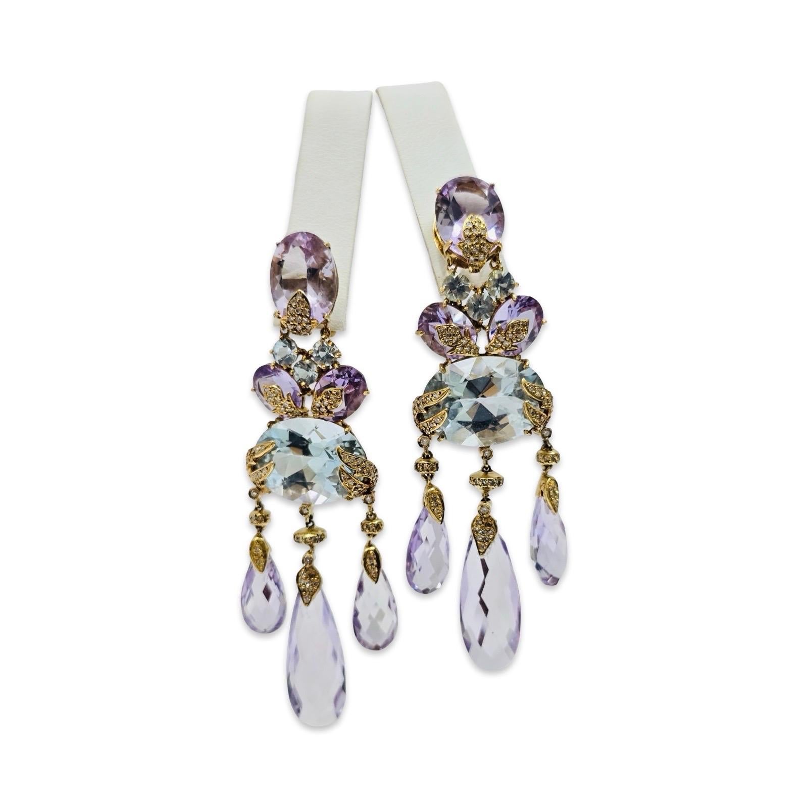 Boucles d'oreilles chandelier en améthyste, aigue-marine et diamant 62ct Tropical Atelier 18K en vente 1