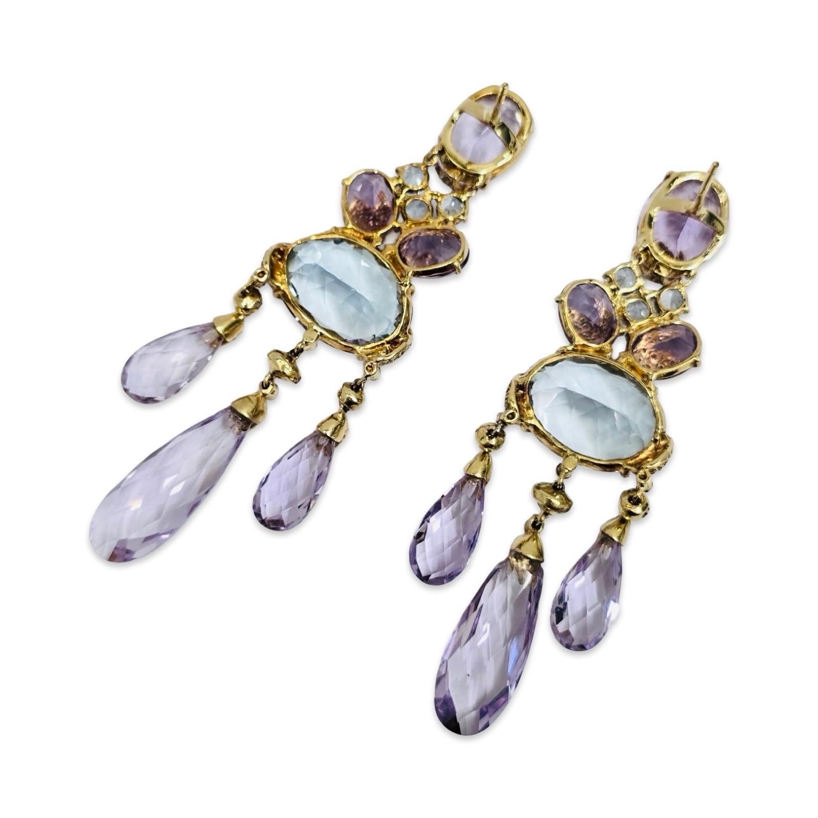 Boucles d'oreilles chandelier en améthyste, aigue-marine et diamant 62ct Tropical Atelier 18K en vente 2