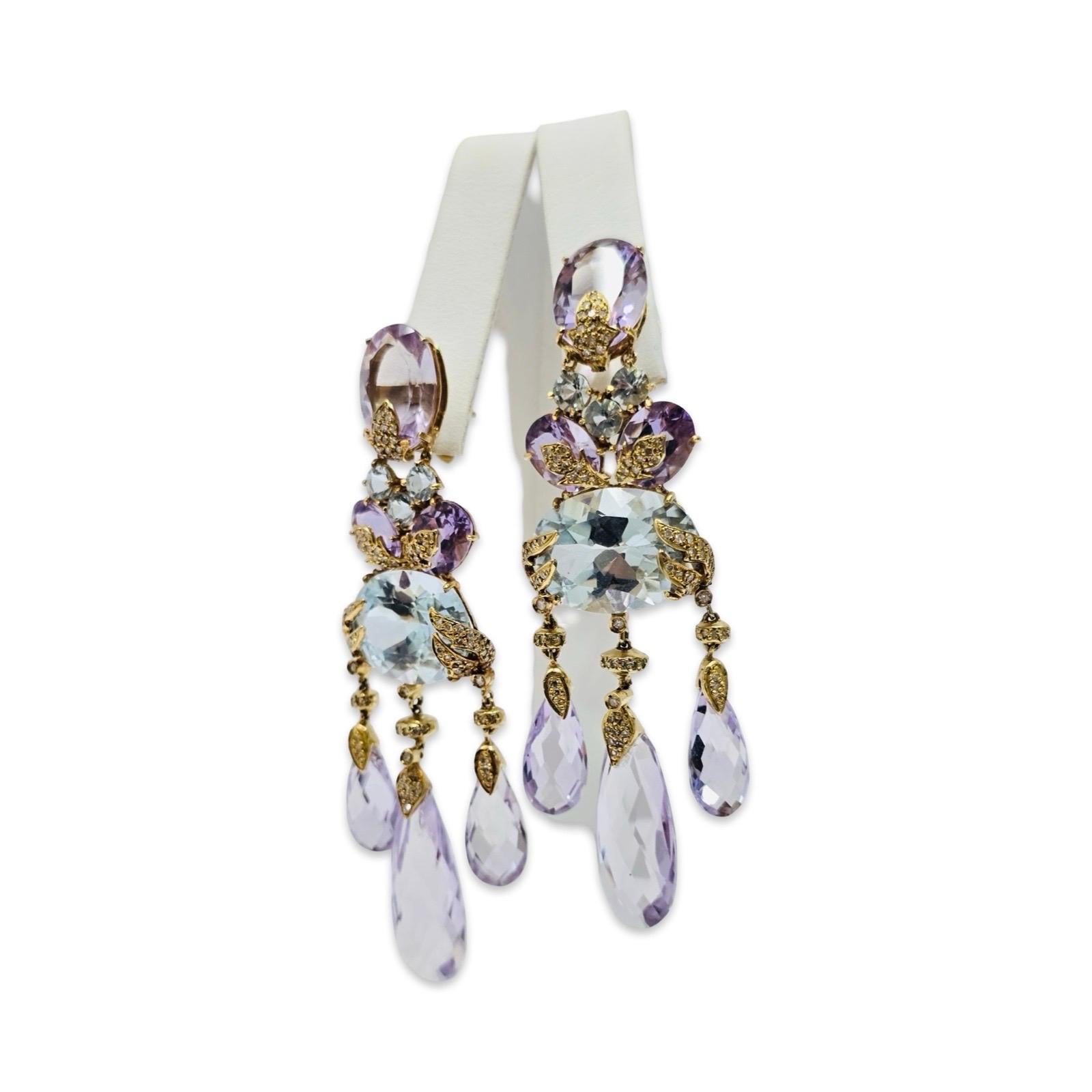 Boucles d'oreilles chandelier en améthyste, aigue-marine et diamant 62ct Tropical Atelier 18K en vente 3
