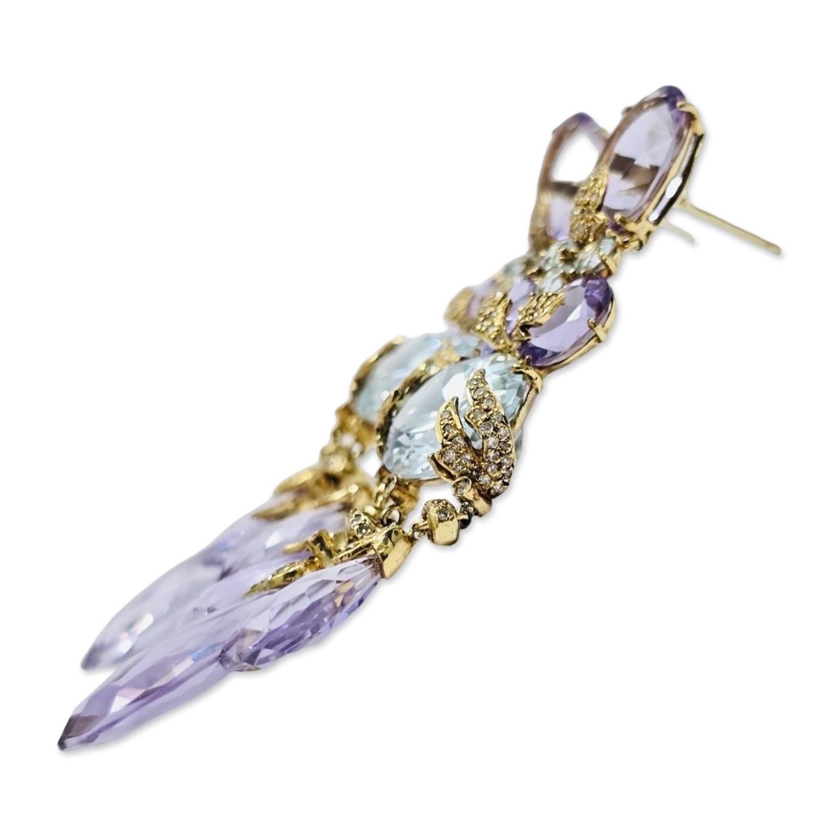 Boucles d'oreilles chandelier en améthyste, aigue-marine et diamant 62ct Tropical Atelier 18K en vente 4