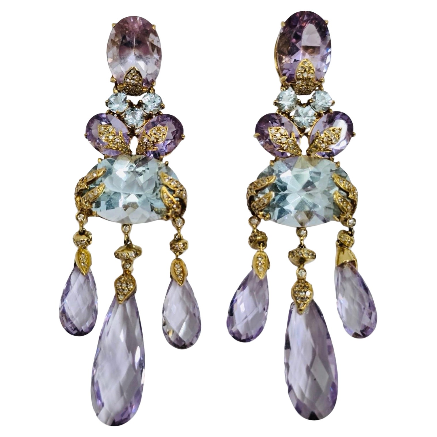 Boucles d
oreilles chandelier en améthyste, aigue-marine et diamant 62ct Tropical Atelier 18K en vente