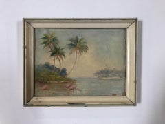 Peinture à l'huile sur toile - Scène de plage tropicale avec flamants, vers 1940