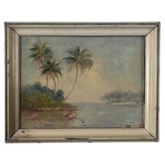 Tropical Beach Scenic w/ Flamingos Oil on Canvas Painting, Circa 1940