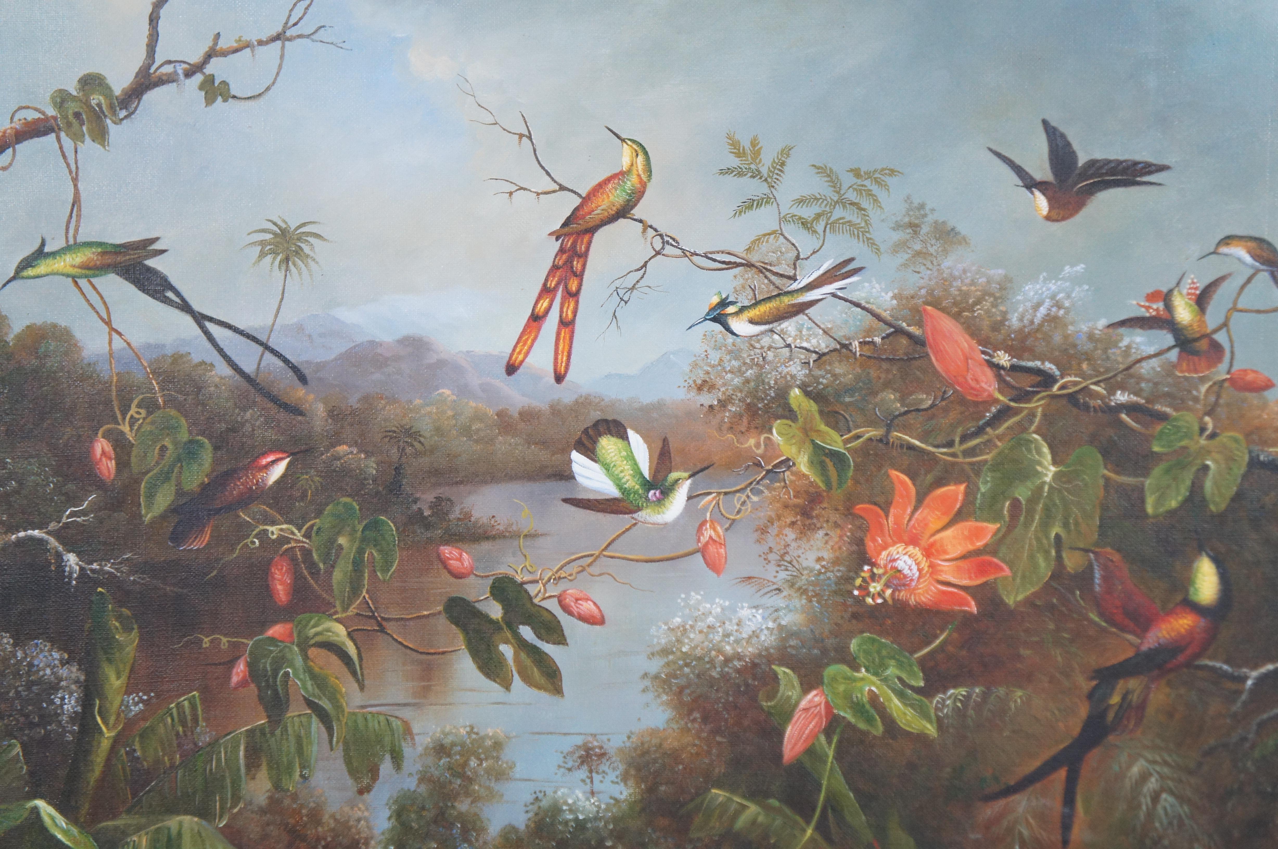 Pájaro tropical Paisaje boscoso Pintura según Martin Johnson Heade Enmarcado 35 siglo XX en venta