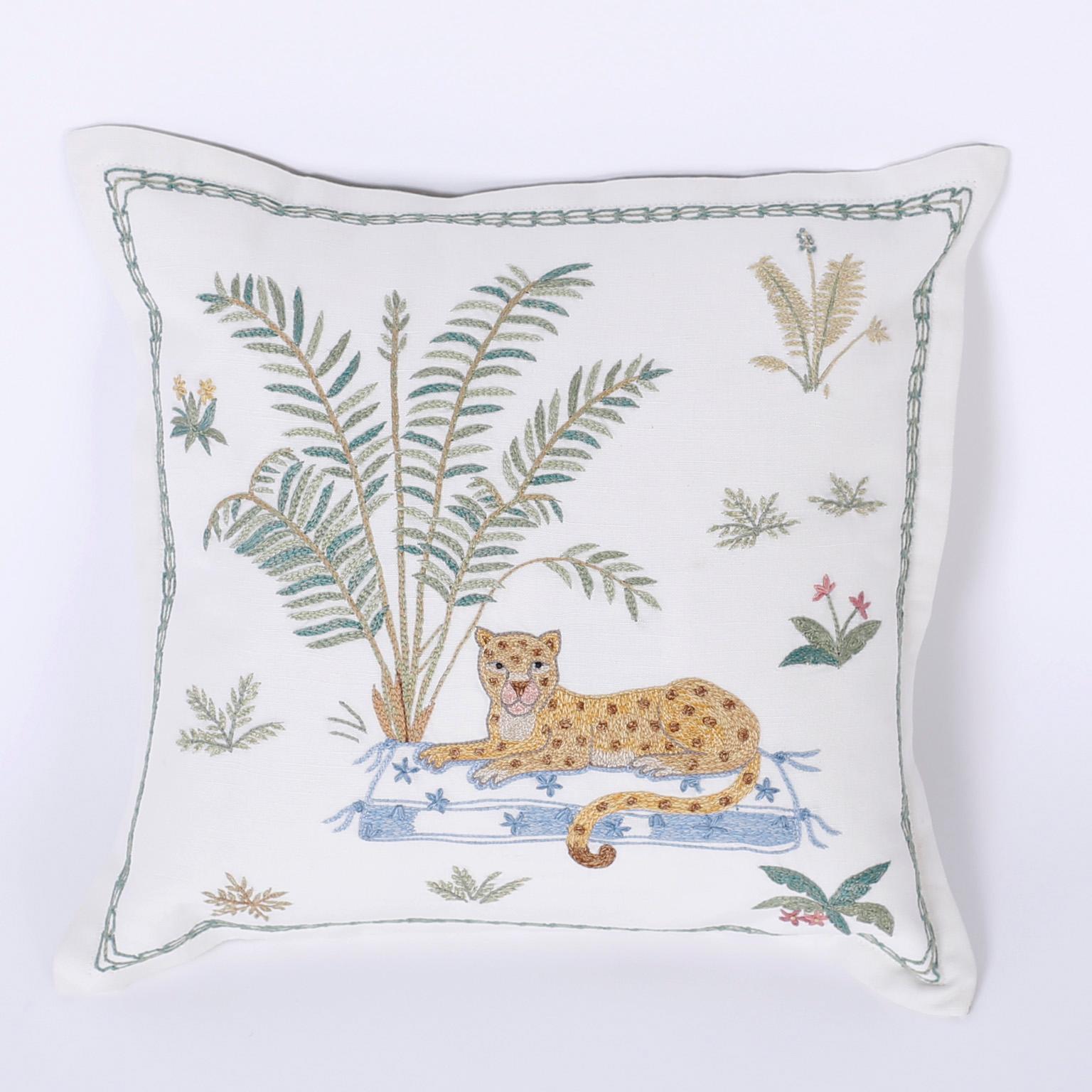 Whimsical linen pillows hand decorated with a cheetah on a rug under a palm tree. Button back for easy care. Priced individually.