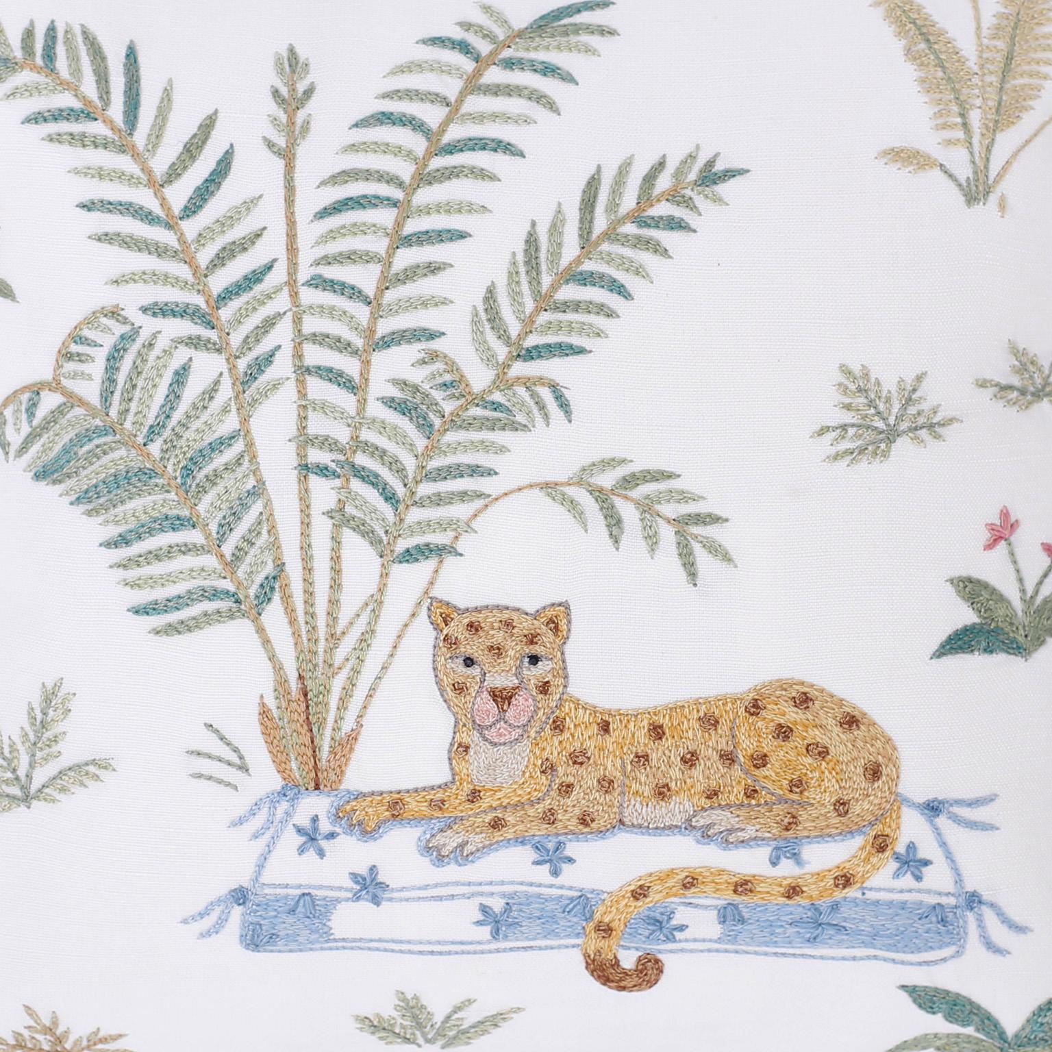 Folk Art Tropical Crewelwork Cheetah Pillows, Priced Individually