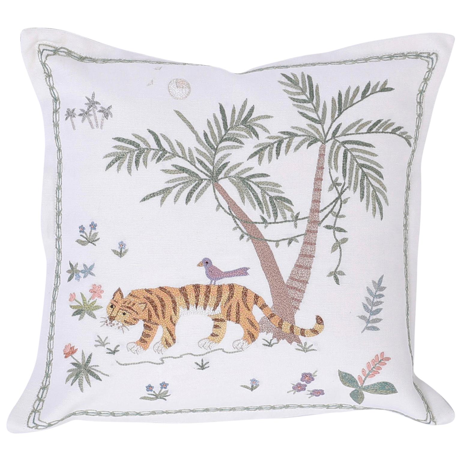 Tropical Crewelwork Tiger Pillow