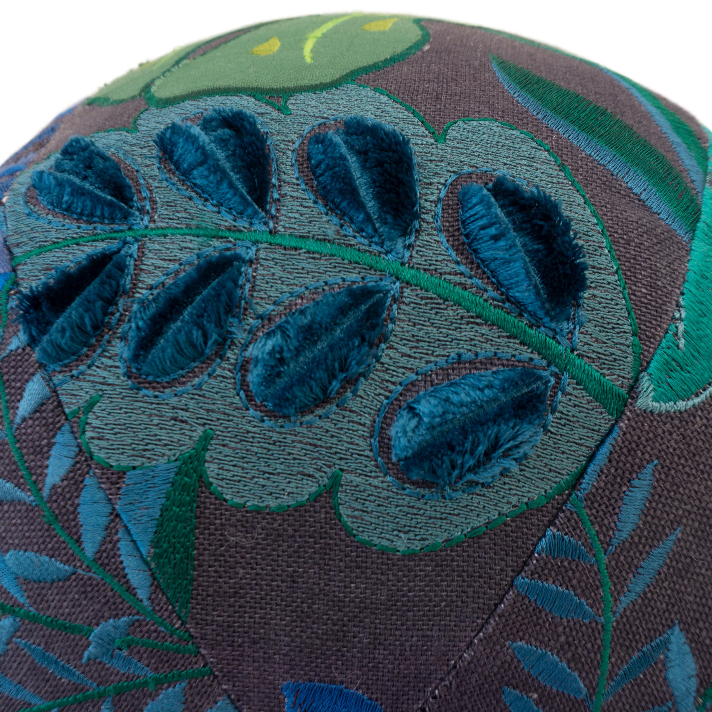 Tropical Embroidery Ball Pillow In Excellent Condition In Greenwich, CT