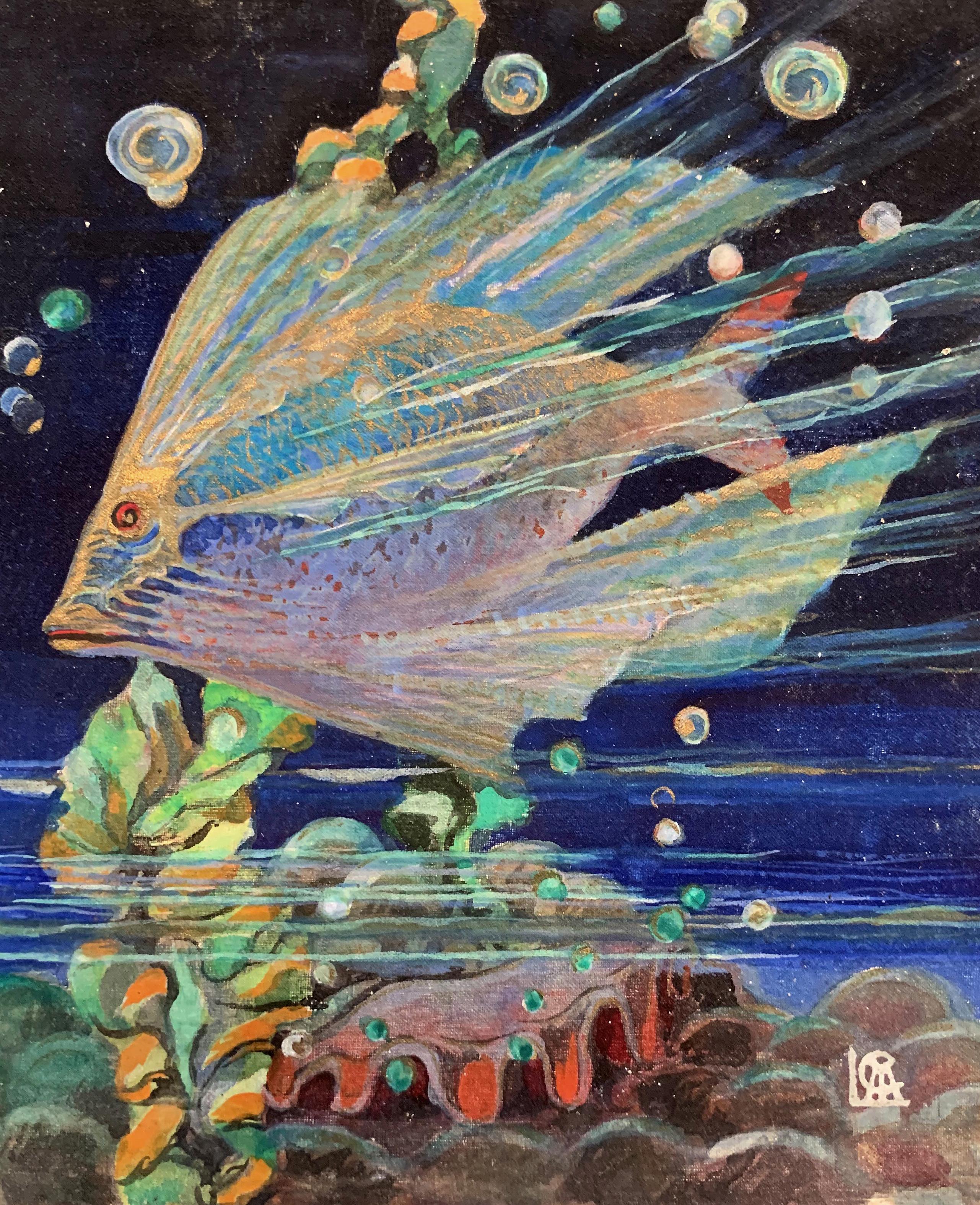 Painted with a brilliant palette and very fine detail, this depiction of a tropical fish swimming above a strand of seaweed and a giant clam, surrounded by a cloud of bubbles, is a compelling example of Art Deco decorative painting. The range of