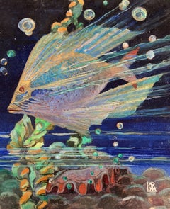"Tropical Fish and Giant Clam, " Brilliant Art Deco Painting of Undersea Life