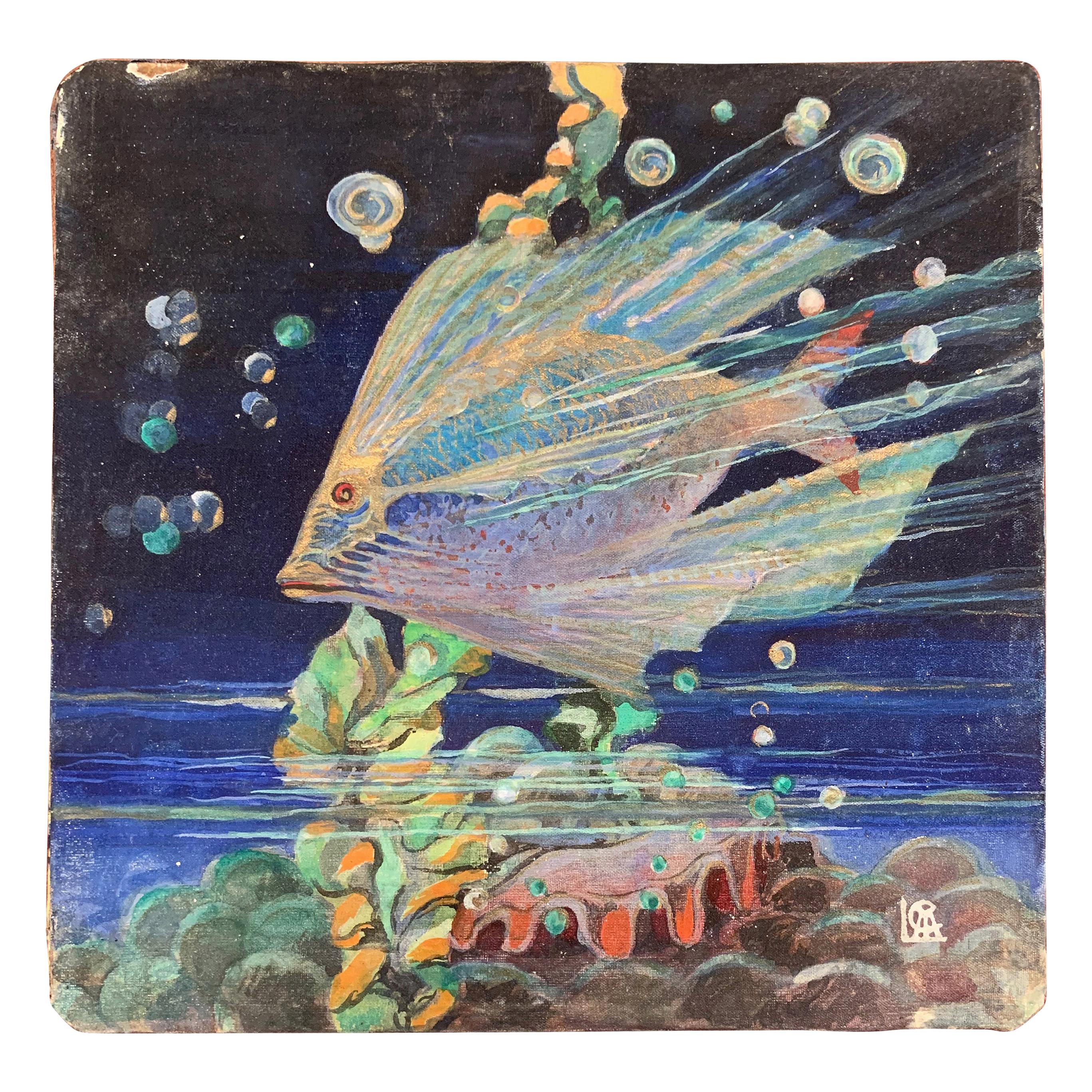 "Tropical Fish and Giant Clam," Brilliant Art Deco Painting of Undersea Life
