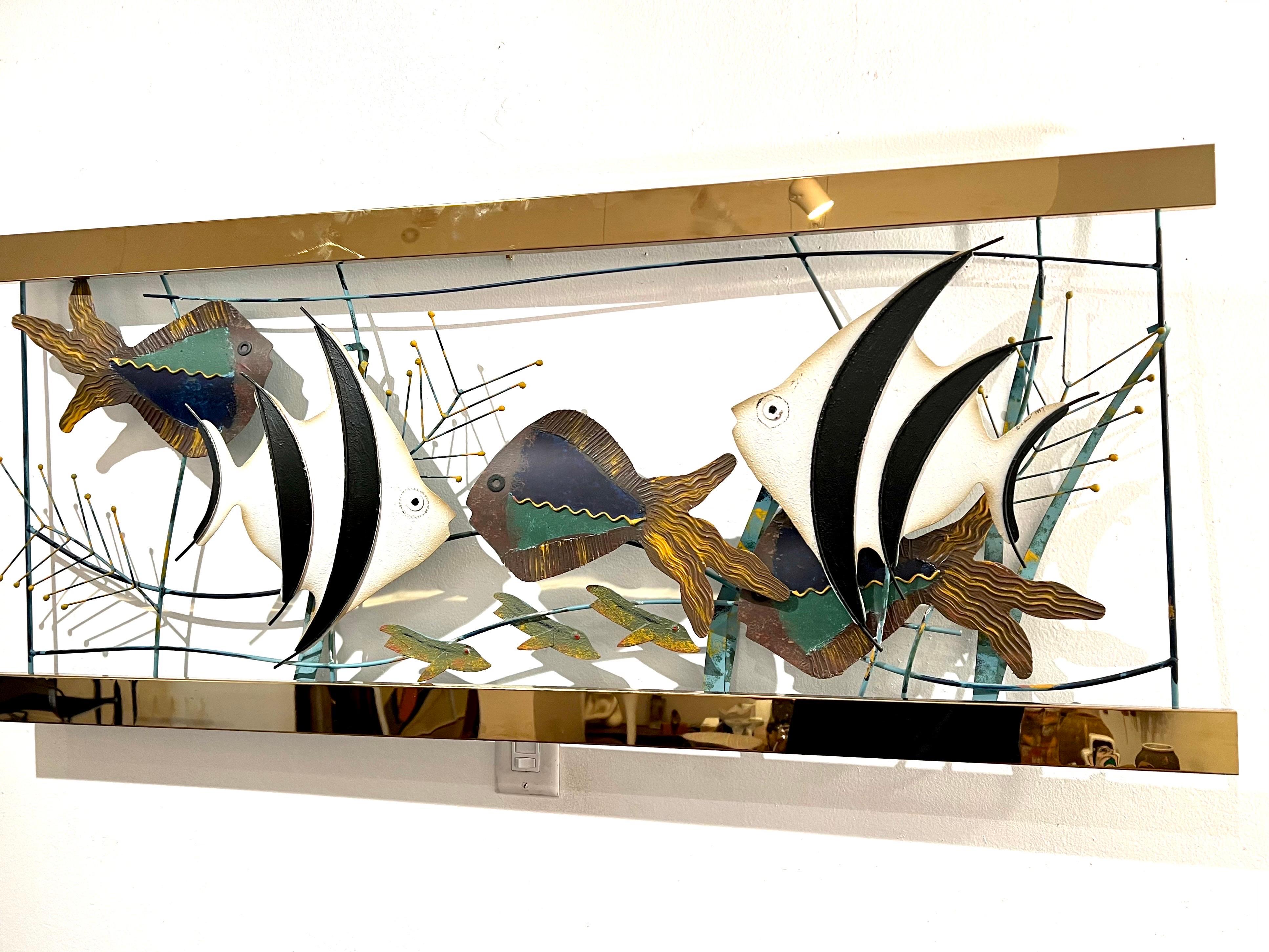 A very cool and rare striking large aquarium by Curtis Jere signed and dated 1997, great clean condition with polished brass accent bars.