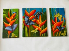 Tropical Floridian Flowers and Butterflies Triptych on Canvas