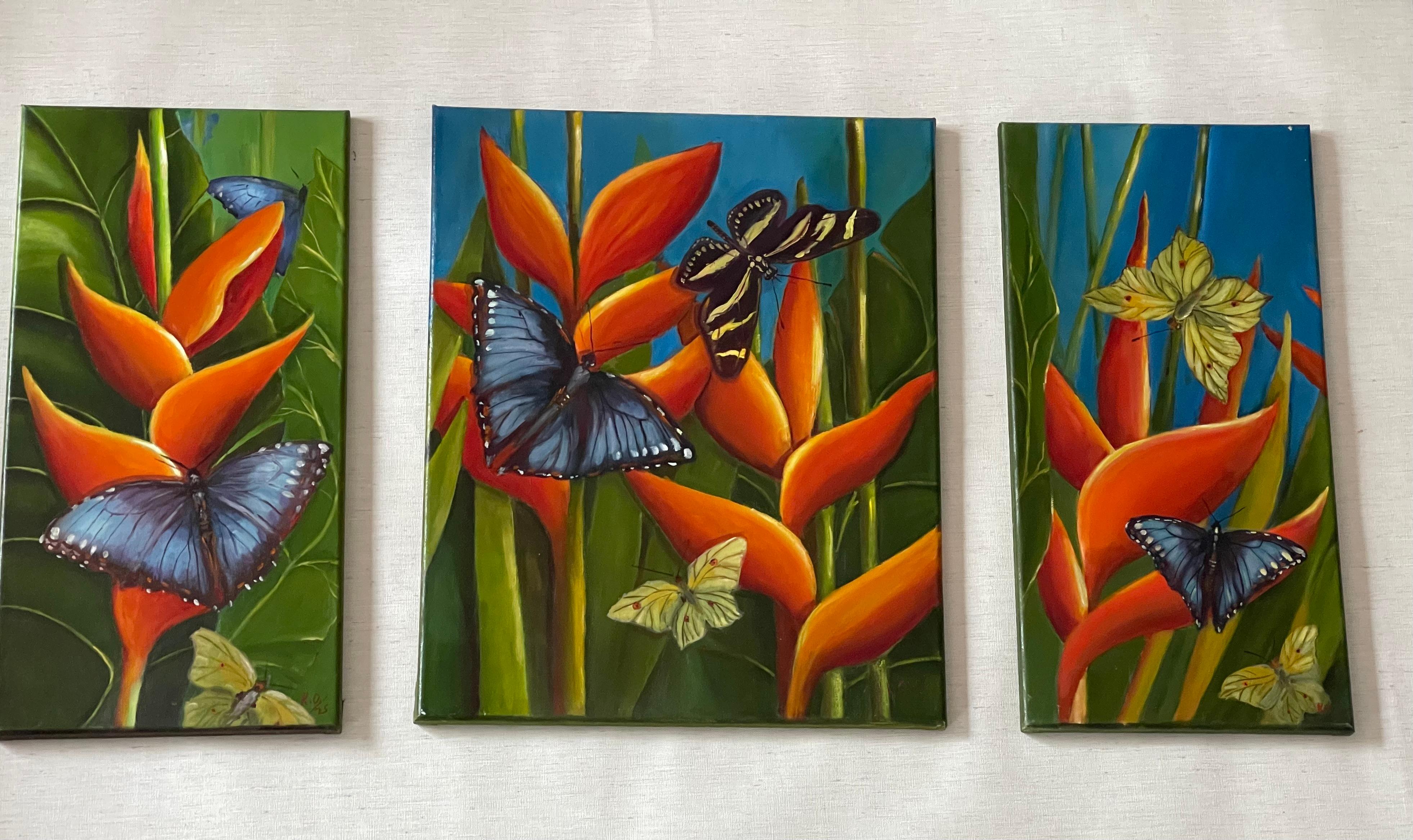 Moderno Trittico di fiori e farfalle della Florida tropicale su tela in vendita