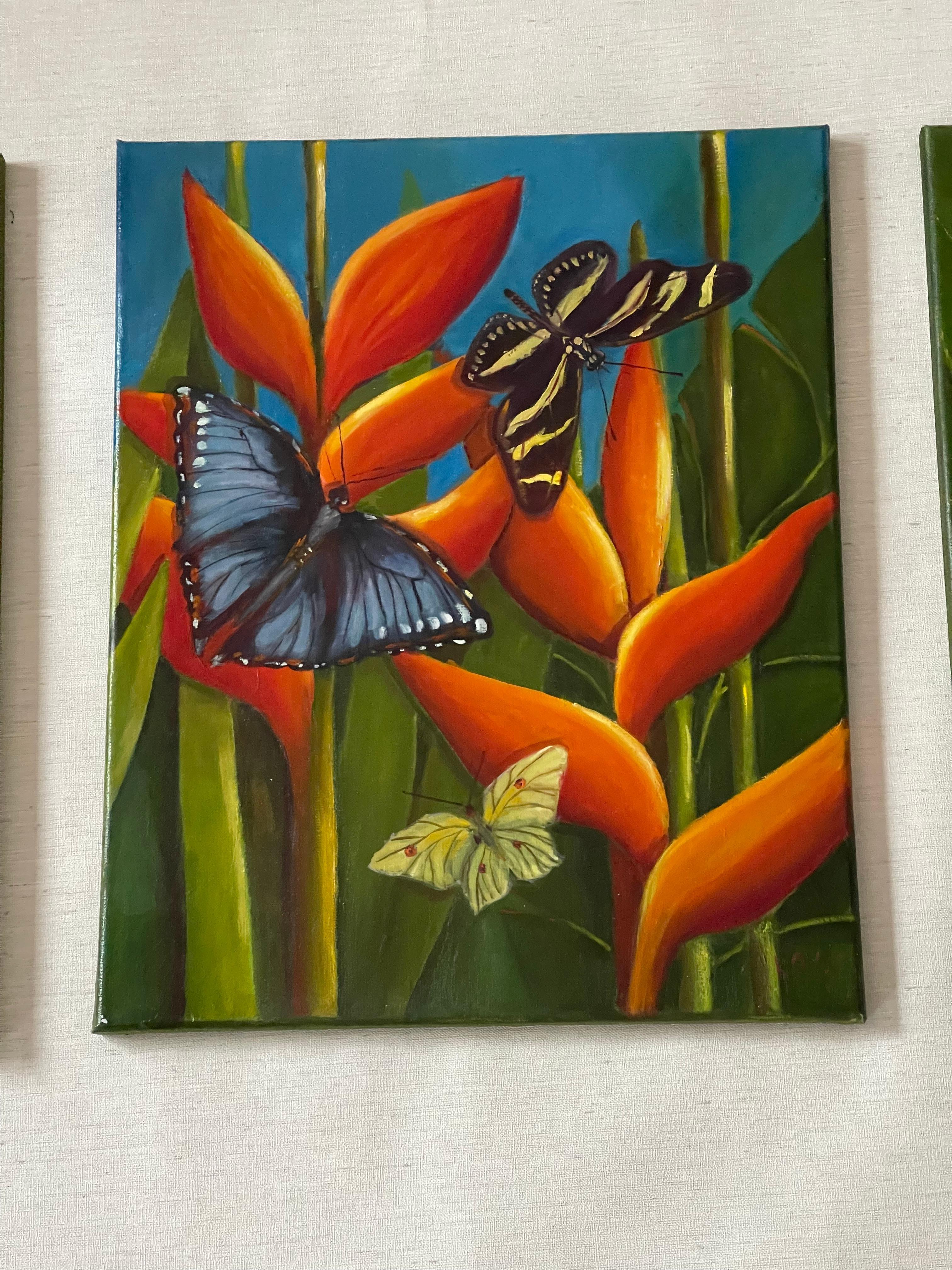 Americano Trittico di fiori e farfalle della Florida tropicale su tela in vendita