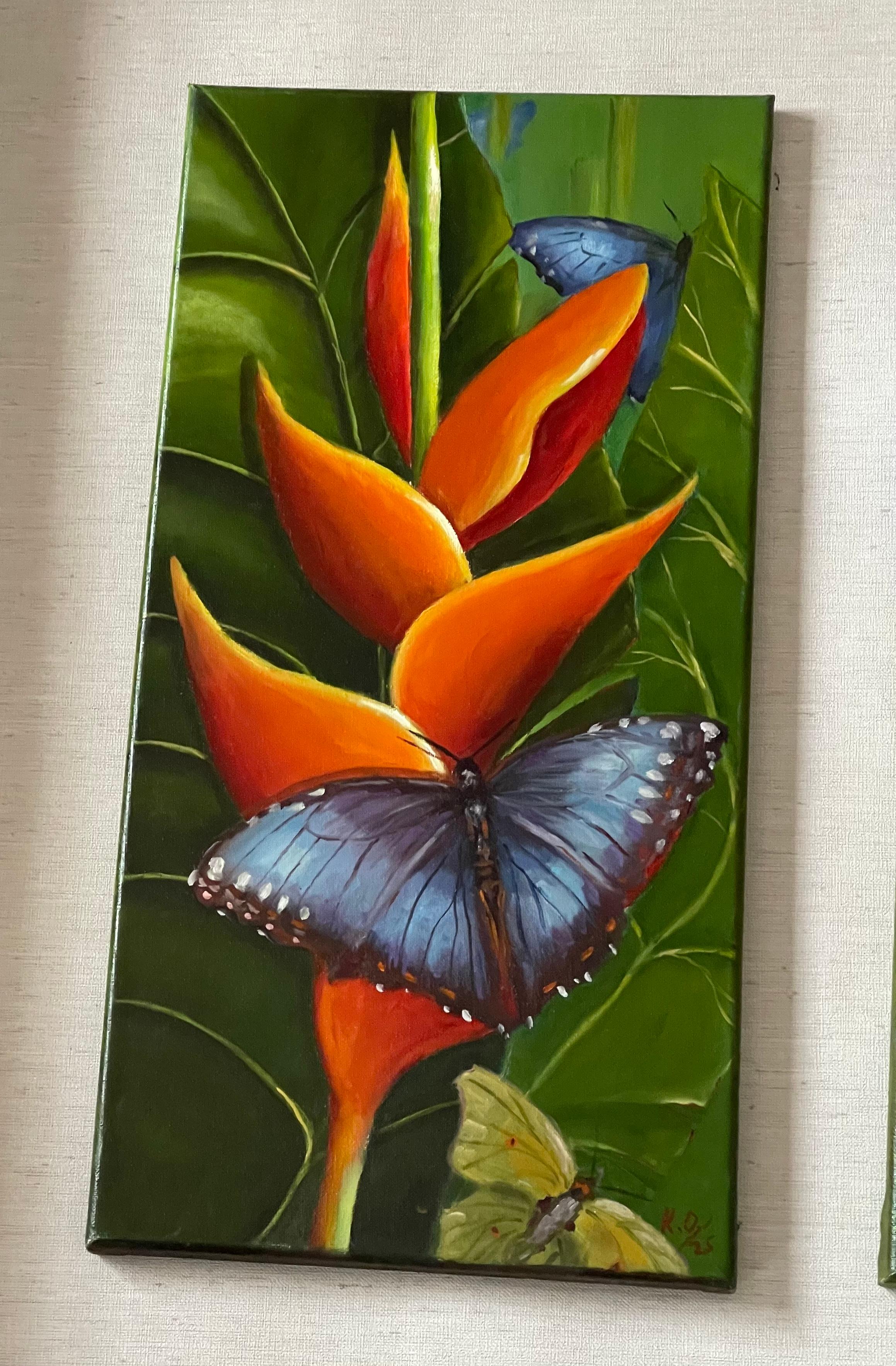 Trittico di fiori e farfalle della Florida tropicale su tela In condizioni buone in vendita a Boca Raton, FL