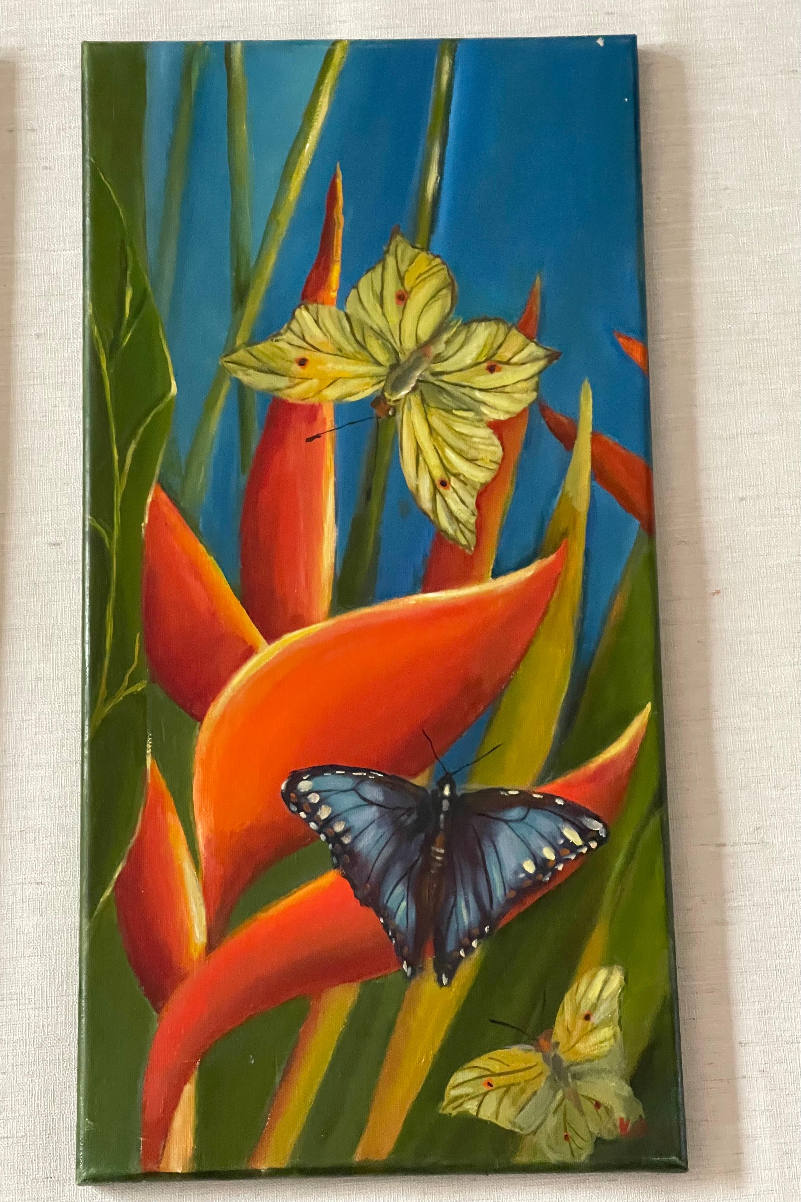 XXI secolo e contemporaneo Trittico di fiori e farfalle della Florida tropicale su tela in vendita