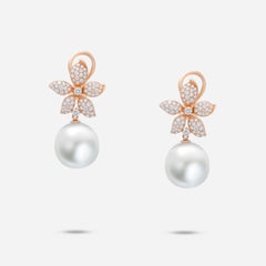 South Sea White Pearl Halo Pave Diamond Flower 14K Rose Gold Drop Hinge Earrings