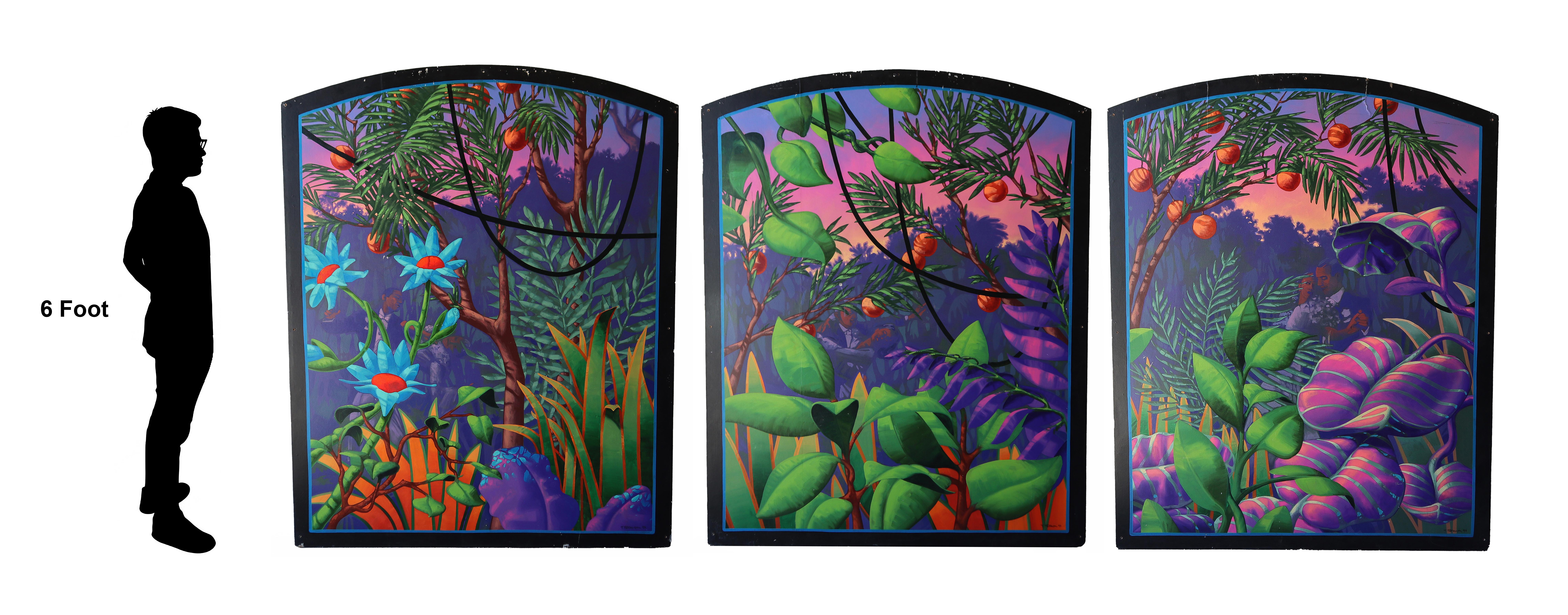 Gorgeous set of 3, colorful Tropical foliage paintings.

Painting need a little refreshing but can definitely be used as is if you don't mind small imperfections.  Small chips to black, one has a small break at the top.  All easy restorations.  