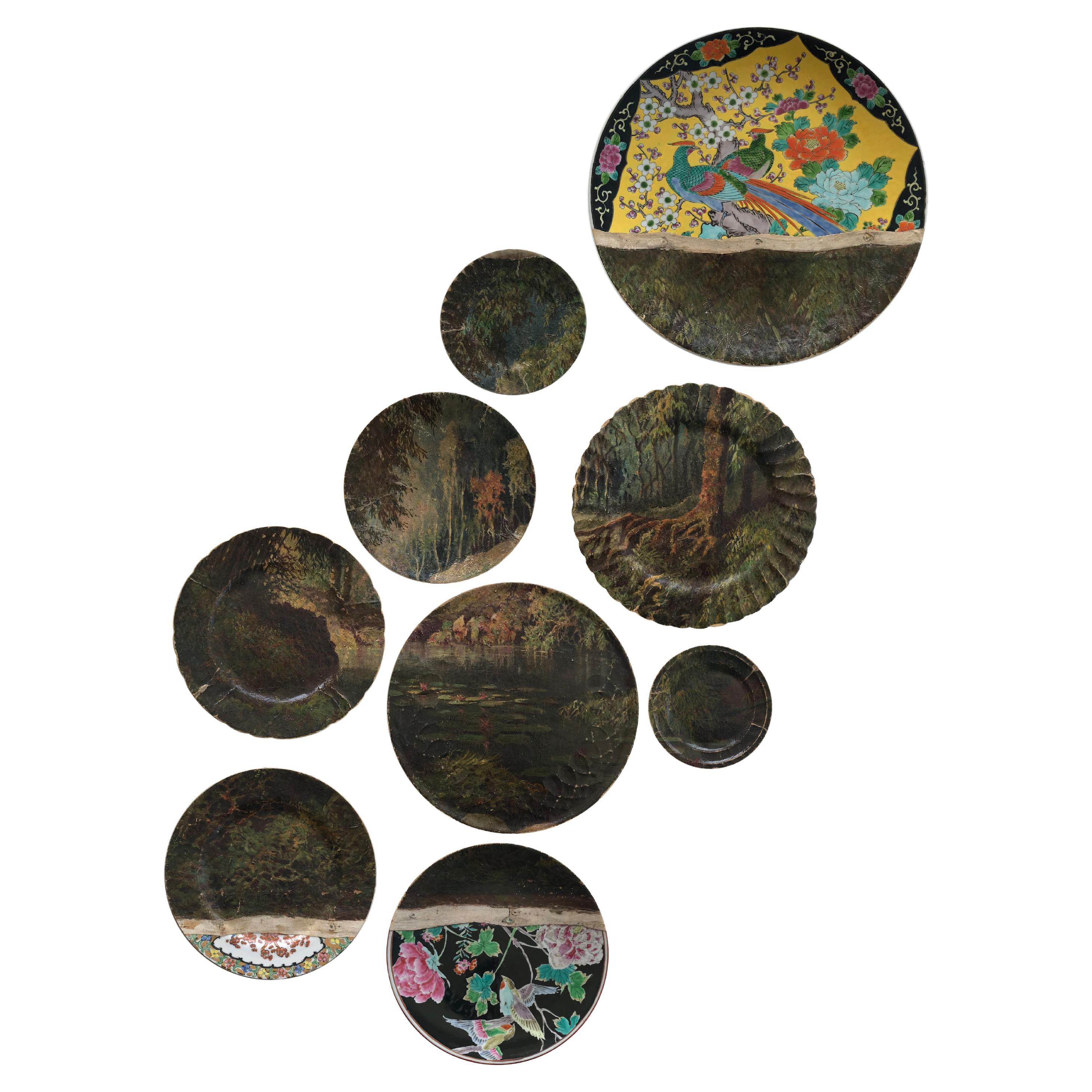 "Tropical Forest" unique wall art composition of decorative plates and painting For Sale