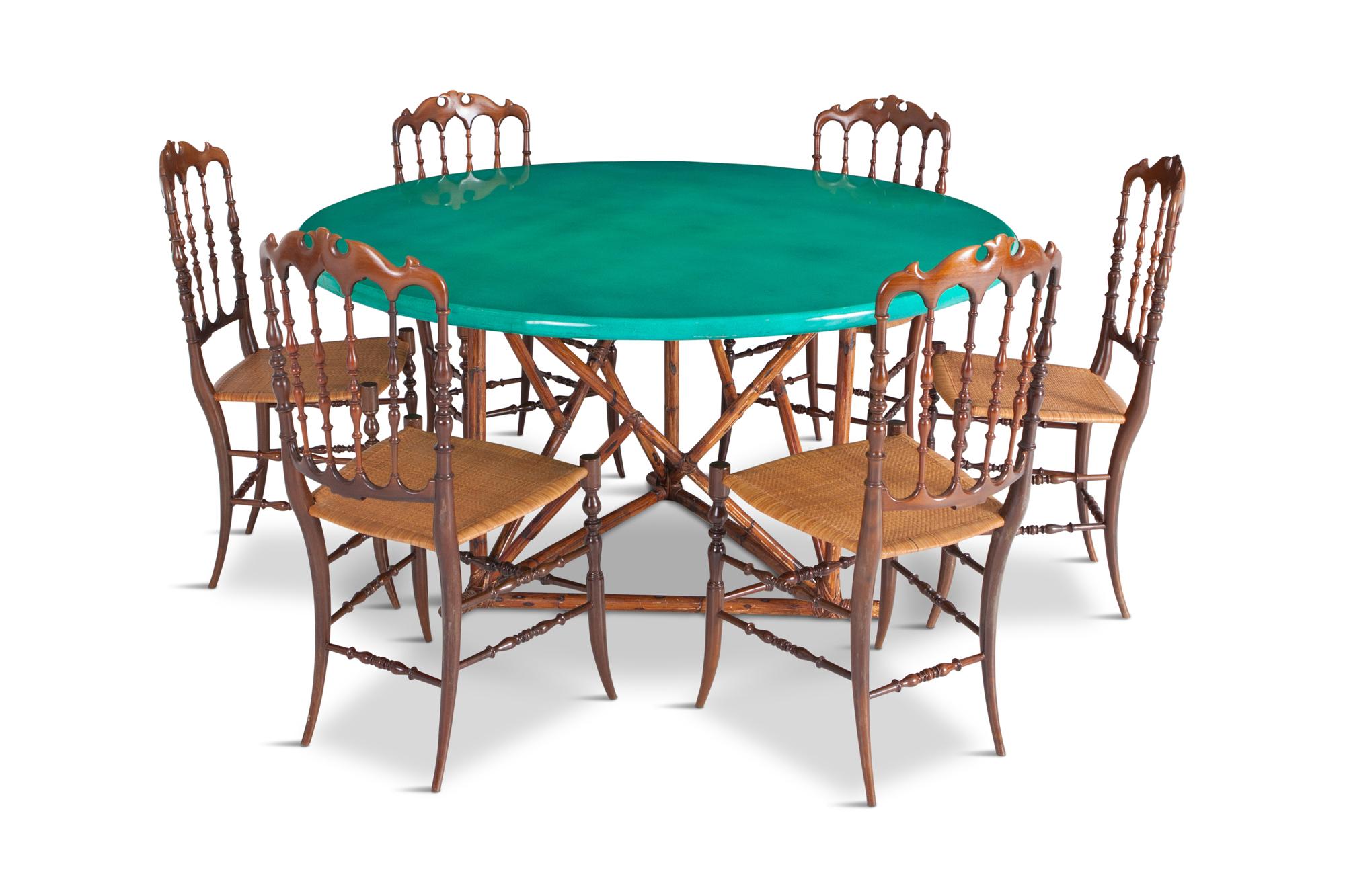 Mid-20th Century Tropical Green Mid-century modern hollywood regency Bamboo ratan Dining Table