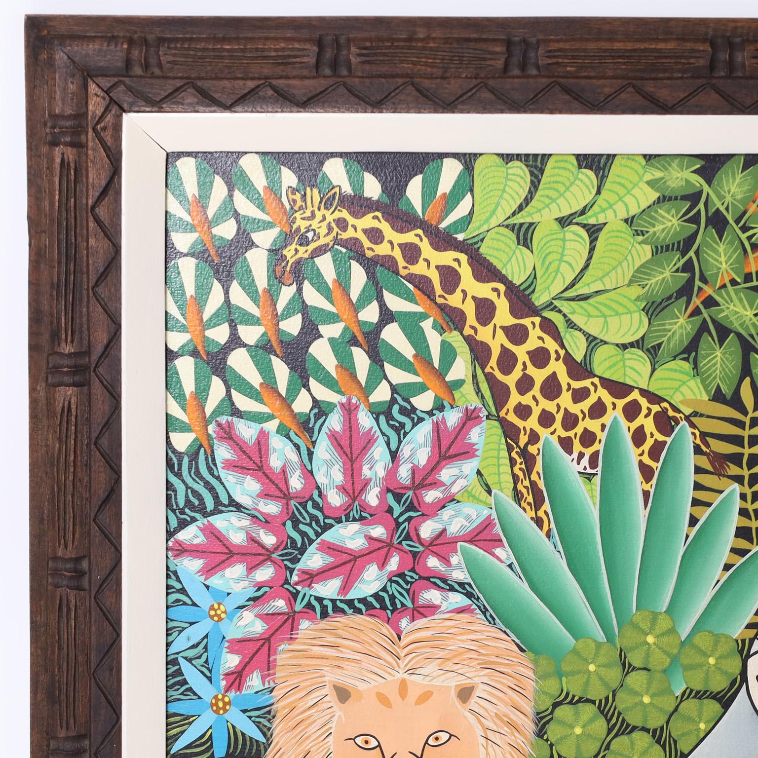 Striking Mid Century tropical painting on canvas executed in a distinctive naive manner with African animals set in a jungle setting. Signed by noted Haitian artist Daniel Souvenir and presented in a carved wood frame.