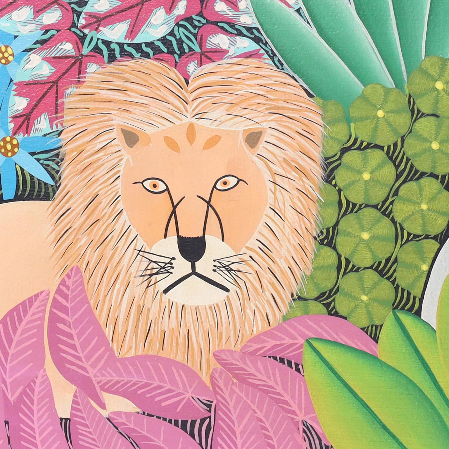 Tropical Haitian Jungle Painting by Daniel Souvenir In Good Condition In Palm Beach, FL
