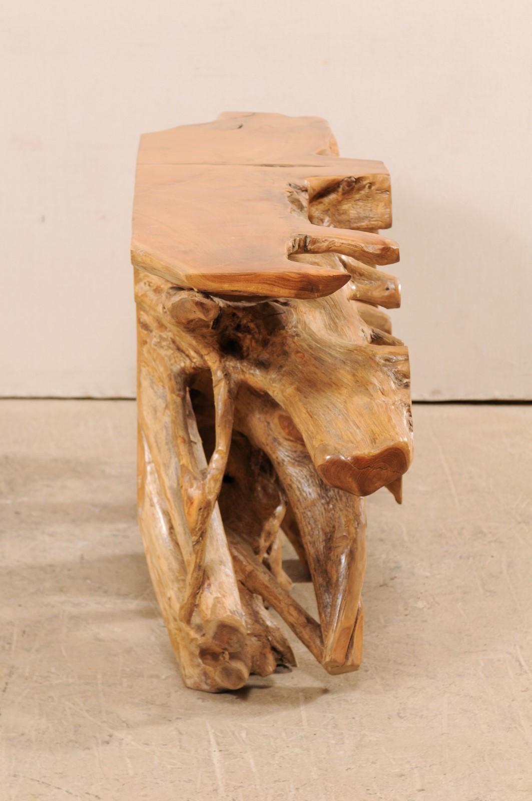 Carved Tropical Hardwood Teak Root Console Table with Intertwining Wood Roots