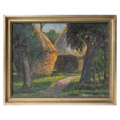 Antique Tropical Hut Jungle Landscape, Original Belgian Oil Painting Early 20thC