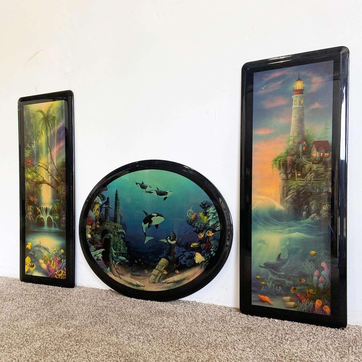 Wonderful vintage epoxied art work. Set included two rectangular pieces and one oval. Strong “Free Willy” vibes.

Oval measures 32”W, 25.25”H