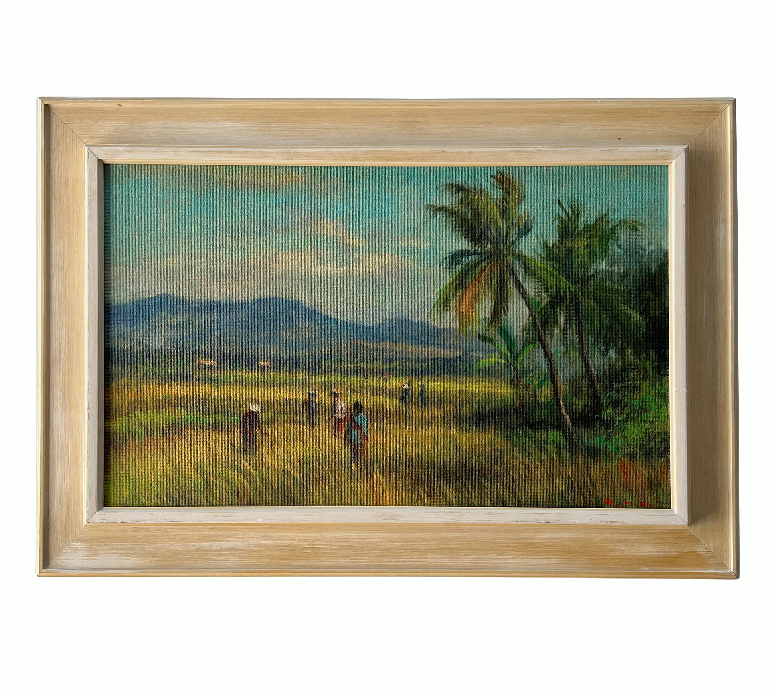 Peint à la main Paysage tropical - Huile sur panneau en vente