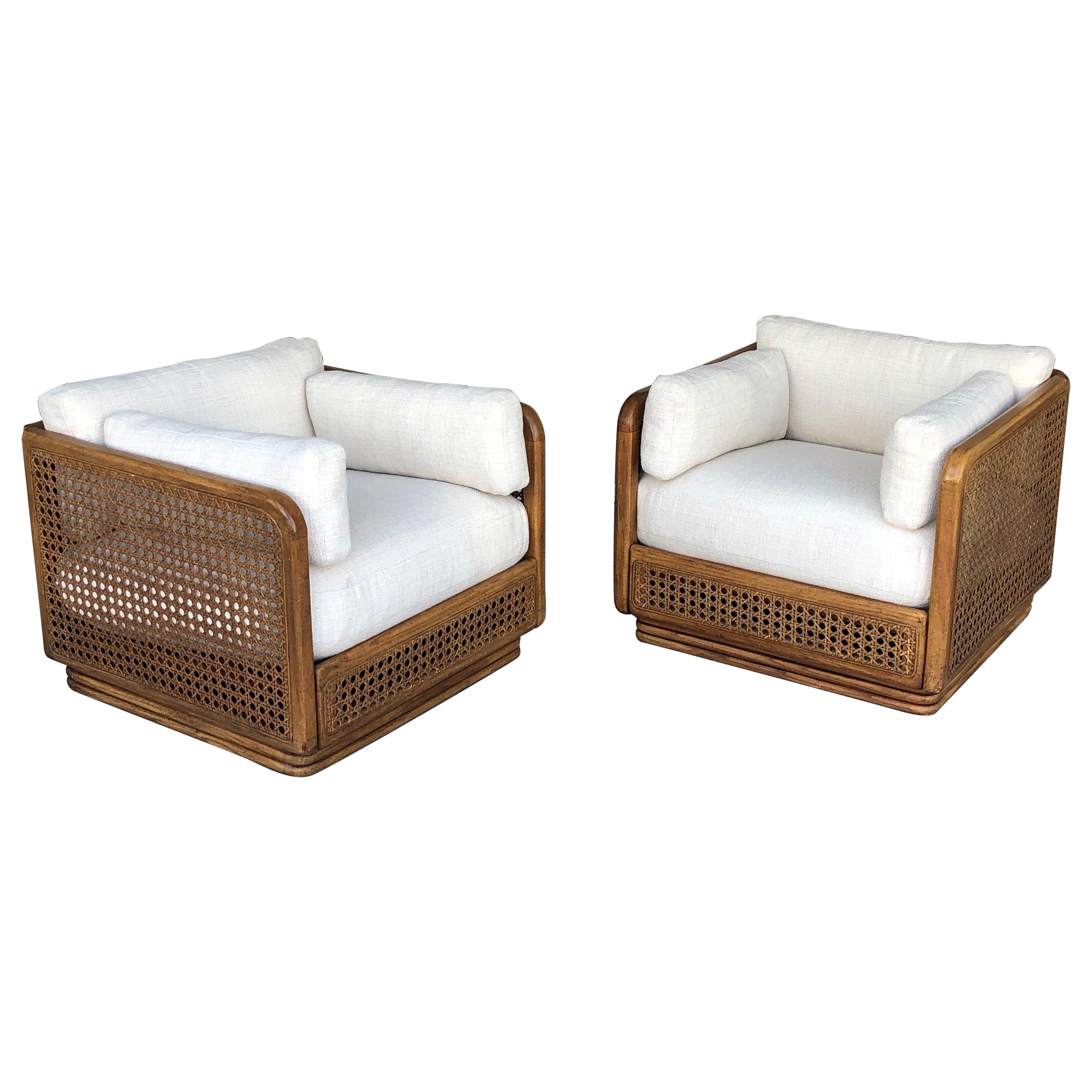 Tropical Modern Square Cane Club Lounge Swivel Chairs
